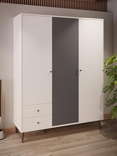 Forte Harllson, einfache Montage Dank EasyKlix Kleiderschrank Weiß mit Wolfram Grau, 3 Türen, 2 Schubladen, Einlegeböden, Kleiderstange, Echtholzfüße, 154 cm breit x 202 cm hoch x 52 cm tief Forte Harllson, einfache Montage Dank EasyKlix Kleiderschrank Weiß mit Wolfram Grau, 3 Türen, 2 Schubladen, Einlegeböden, Kleiderstange, Echtholzfüße, 154 cm breit x 202 cm hoch x 52 cm tief von Forte