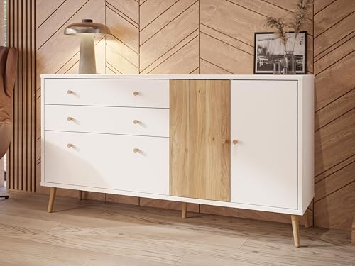 Forte Harllson, einfache Montage Dank EasyKlix Kommode Weiß mit Holzdekor: Mauvella Eiche, Sideboard, 2 Schubladen, 3 Türen, Mid Century Stil, 160 cm breit x 86 cm hoch x 41 cm tief Forte Harllson, einfache Montage Dank EasyKlix Kommode Weiß mit Holzdekor: Mauvella Eiche, Sideboard, 2 Schubladen, 3 Türen, Mid Century Stil, 160 cm breit x 86 cm hoch x 41 cm tief von Forte