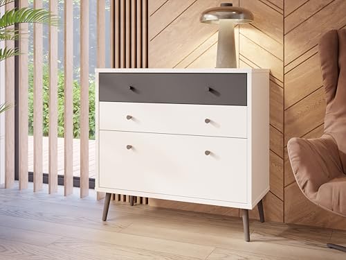 Forte Harllson, einfache Montage Dank EasyKlix Kommode Weiß mit Uni Wolfram Grau, Sideboard mit 3 Schubladen, hohe Holzfüße, skandinavischer Stil, Retro 90 cm breit x 86 cm hoch x 41 cm tief von Forte