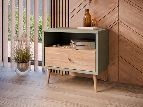 Forte Harllson, einfache Montage Dank EasyKlix Nachttisch Salbei mit Holzdekor: Mauvella Eiche, Nachtkommode mit Schublade, skandinavischer Stil 60 cm breit x 58 cm hoch x 41 cm tief von Forte