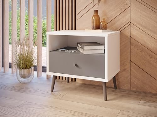 Forte Harllson, einfache Montage Dank EasyKlix Nachttisch, Nachtschrank Weiß mit Wolfram Grau, Nachtkommode mit Schublade, skandinavischer Stil, Retro, 60 cm breit x 58 cm hoch x 41 cm tief von Forte