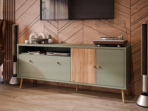 Forte Harllson, einfache Montage Dank EasyKlix TV Tisch, Salbei mit Mauvella Eiche, TV Schrank mit 2 Türen, skandinavischer, moderner Stil, 160 cm breit x 67 cm hoch x 41 cm tief von Forte