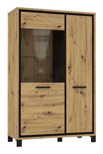 FORTE Trondheim Highboardvitrine mit 1 Tür und 1 Glastür, Holzwerkstoff, Artisan Eiche kombiniert mit Schwarz Eiche, 101,4 x 161 x 41,5 cm von Forte