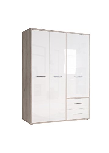 FORTE Jandia Kleiderschrank mit 3 Türen und 2 Schublade, Holzwerkstoff, Sandeiche Dekor Kombinert Mit Weiß Hochglanz, 146.7 x 60 x 201.5 cm von Forte