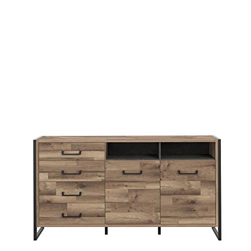 FORTE Hud Kommode mit 2 Türen und 4 Schubladen, Holzwerkstoff, Stabeiche / Betonoptik Dunkelgrau, 168,8 x 91.7 x 41.5 cm von Forte