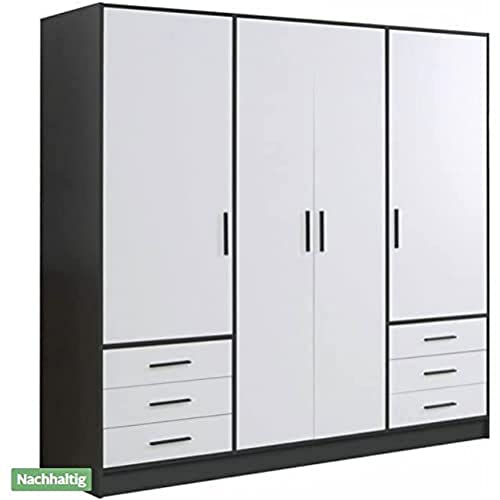 FORTE Jupiter Kleiderschrank 4-türig, 6 Schubladen, Holzwerkstoff, Schwarz-Weiß, 206.5 x 60 x 200 cm von Forte