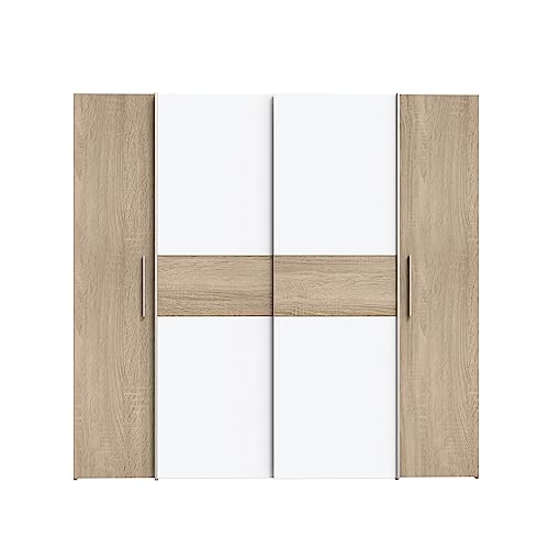 FORTE KALIXTUS Schrank 200, Kleiderschrank, Schwebetürenschrank Skandinavisch Schlafzimmer 4-türig, Holzdekor: Sonoma Eiche / Weiß, 200 cm breit x 190.5 cm hoch x 62 cm tief von Forte