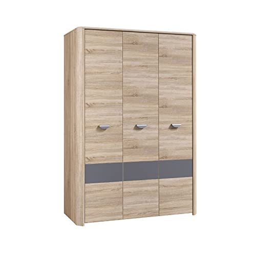 FORTE Yoop Kleiderschrank mit 3 Türen, Holzwerkstoff, Sonoma Eiche kombiniert mit Grau Matt, 58 x 133,2 x 194,4 cm von Forte