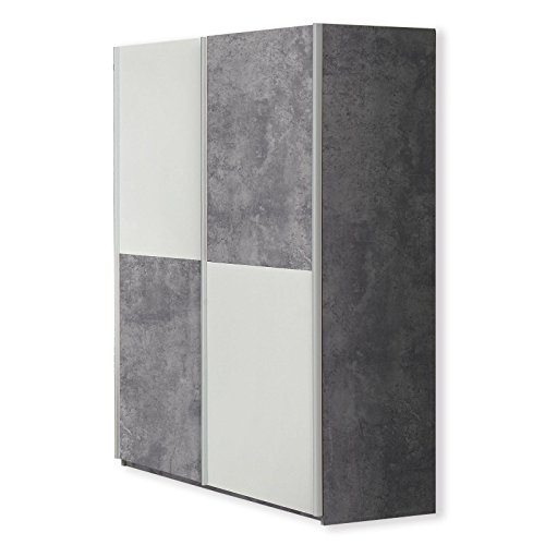 FORTE LUPO Schrank 120, Kleiderschrank, Schwebetürenschrank Industrial Schlafzimmerschrank 2-türig Einlegeböden Kleiderstange, Weiß / Betonoptik LichtGrau, 120 cm breit x 190.5 cm hoch x 61 cm tief von Forte