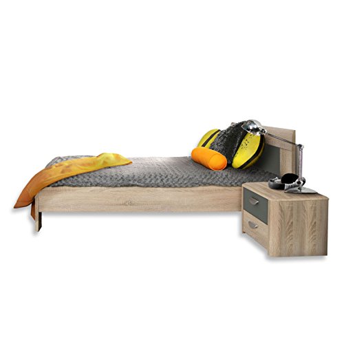 FORTE Yoop Jugendbett, Liegefläche 90 x 200 cm, Holzwerkstoff, Sonoma Eiche kombiniert mit Grau Matt,203,5 x 94 x 50 cm von Forte