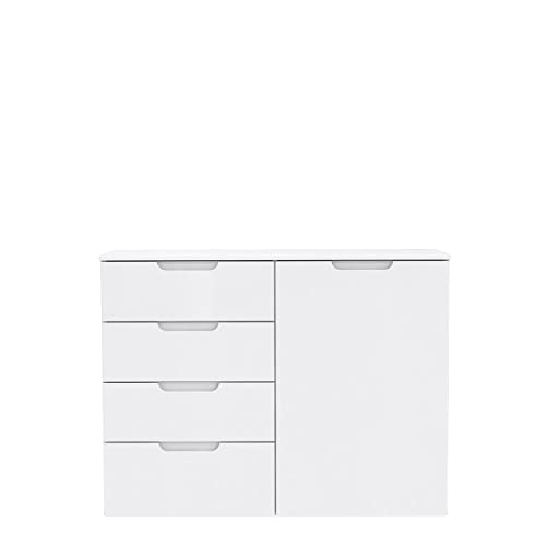 FORTE Sienna Kommode mit 1 Tür und 4 Schubladen, Holzwerkstoff, Weiß/ Weiß Hochglanz, 109.9 x 34.1 x 84.9 cm von Forte