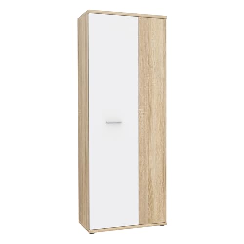 FORTE NET106 Schrank 70, Schuhschrank, Garderobenschrank, Abstellraum, Drehtürenschrank, 2-türig mit Einlegeböden, Weiß mit Holzdekor: Sonoma Eiche, 69 cm breit x 179 cm hoch x 35 cm tief von Forte