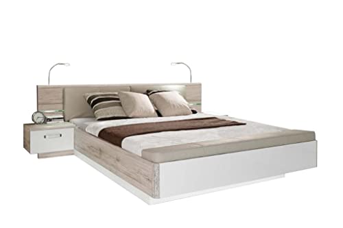 FORTE RONDINO Bett + 2 Nachtkommoden mit 1 Tür und 2 Schubladen, Holzwerkstoff, Sandeiche/weiß Hochglanz, B x H x T: 285,3 x 91,7 x 236 cm von Forte