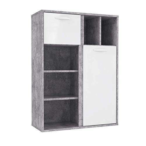 FORTE Canmore Regal mit 2 Türen, Holzwerkstoff, Betonoptik Lichtgrau / Weiß Hochglanz, 99,5 x 137,5 x 41,5 cm von Forte
