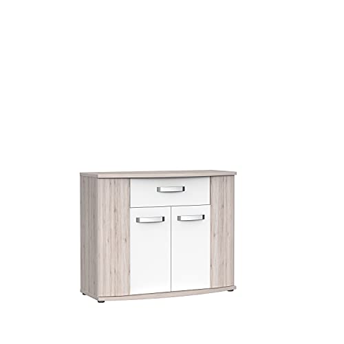 FORTE Rondino Kommode mit 2 Türen und 1 Schublade, Holzwerkstoff, Sandeiche mit Weiß Hochglanz, 43 x 99,7 x 81,5 cm von Forte