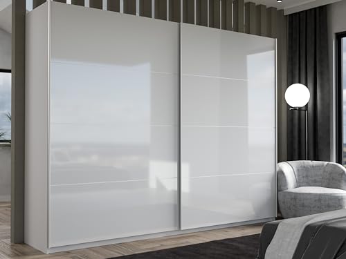 FORTE Starlet Plus Schrank 270, Kleiderschrank, Schwebetürenschrank groß Modern Schlafzimmer 2-türig mit Einlegeböden und Kleiderstange, Weiß/Weiß Hochglanz, 270 cm breit x 210 cm hoch x 61 cm tief von Forte