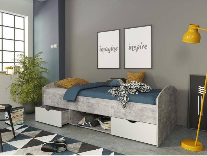 FORTE Stauraumbett Liegefläche 90x200cm, Betonoptik grau/ Weiß - 96x65x203,6cm (BxHxT), grau von Forte