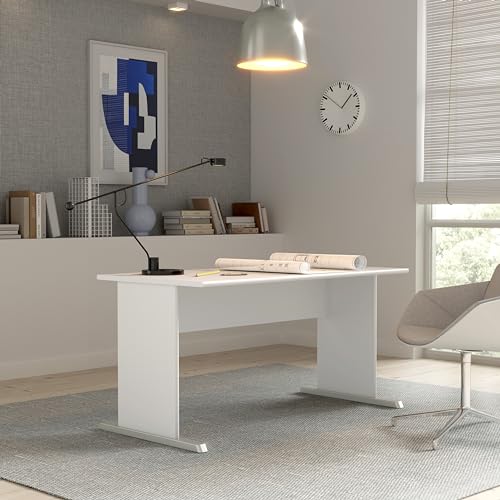 FORTE TEMPRA2 Schreibtisch 140 150, moderner Schreibtisch, Home Office, Büro, Computertisch weiß, Holzwerkstoff, Weiß, 144 cm breit x 72 cm hoch x 72 cm tief von Forte