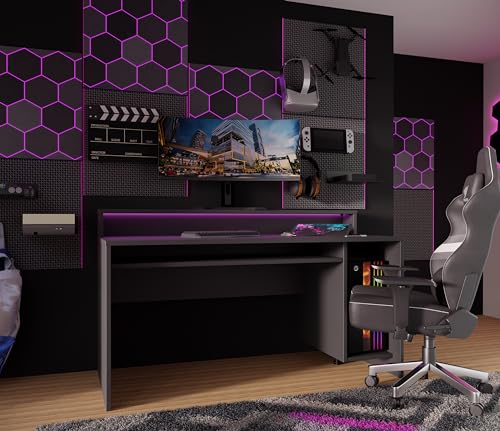 FORTE TEZAUR Schreibtisch 160, Schwarzer Schreibtisch R, Modernes Home Office, Büro, Jugendzimmer, Gamgingzimmer, Computertisch, Holzwerkstoff, Schwarz, 160 cm breit x 94 cm hoch x 69 cm tief von Forte