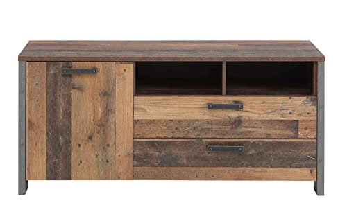 FORTE Clif TV-Unterschrank mit 1 Tür und 2 Schubladen, Holzwerkstoff, Old – Wood Vintage/ Betonoptik Dunkelgrau, 141,7 x 63,9 x 52,3 cm von Forte
