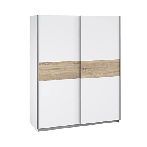 Forte WINNER Schrank 150, moderner Kleiderschrank Weiß, Schwebetürenschrank, 2-türig, Weiß / Holzdekor Sonoma Eiche, 150 cm breit x 190,5 cm hoch x 61 cm tief von Forte