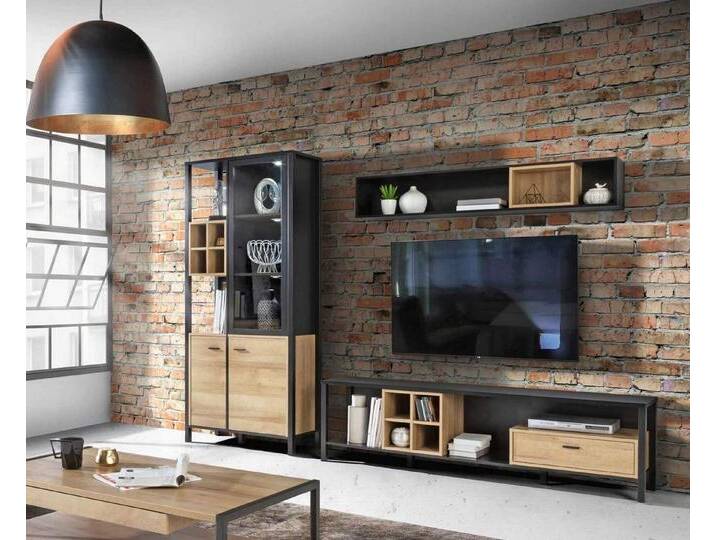 FORTE Wohnwand Wohnkombination HIGH ROCK 3-tlg. Riviera Eiche Optik Schwarz mit LED, (Komplett-Set, 3-St., Vitrine, Lowboard, Wandboard) von Forte