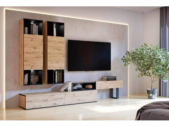FORTE Wohnwand Wohnkombination KAELON, 3-tlg. Optik: Artisan Eiche, von Forte, (Komplett-Set, 3-St., 1x Lowboard, 2x Hängeschrank), beige schwarz von Forte
