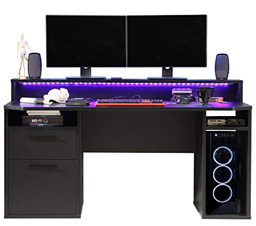 FORTE TEZAUR Gaming Schreibtisch mit 1 Tür und 1 Schublade, Holzwerkstoff, Schwarz matt, 91 x 160 x 72 cm von Forte