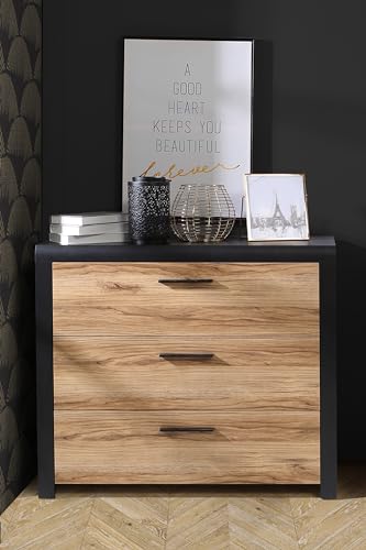 Forte DALATE Kommode mit 3 Schubladen, Holzwerkstoff, Catania Eiche/Schwarz, B x H x T: 101,1 x 88 x 41 cm von Forte