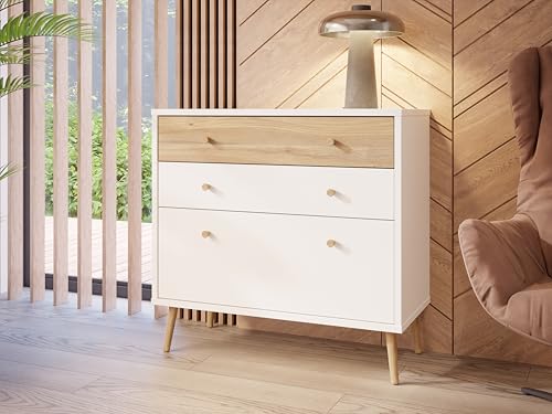 Forte HARLLSON, einfache Montage Dank EasyKlix by Kommode Weiß mit Holzdekor: Mauvella Eiche, Sideboard mit 3 Schubladen, Modern Mid Century Stil, 90 cm breit x 86 cm hoch x 41 cm tief Forte HARLLSON, einfache Montage Dank EasyKlix by Kommode Weiß mit Holzdekor: Mauvella Eiche, Sideboard mit 3 Schubladen, Modern Mid Century Stil, 90 cm breit x 86 cm hoch x 41 cm tief von Forte