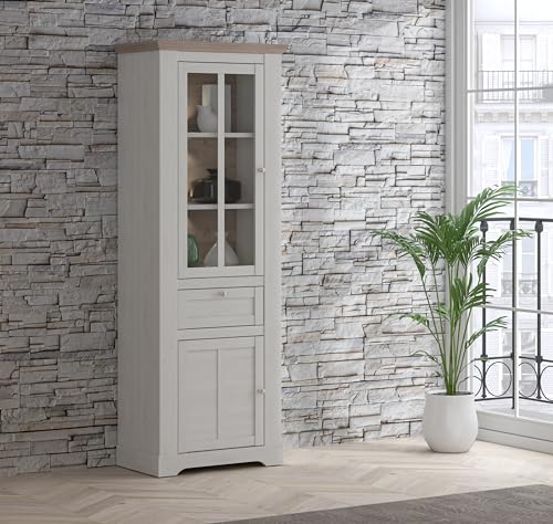 Forte ILOPPA Vitrine L 80, weiße Vitrine mit 2 Türen und 1 Schublade, Vitrinenschrank im Landhausstil, Holzwerkstoff, Nelson Eiche/Schneeeiche Holzdekor, 76 cm breit x 209,8 cm hoch x 44,3 cm tief von Forte