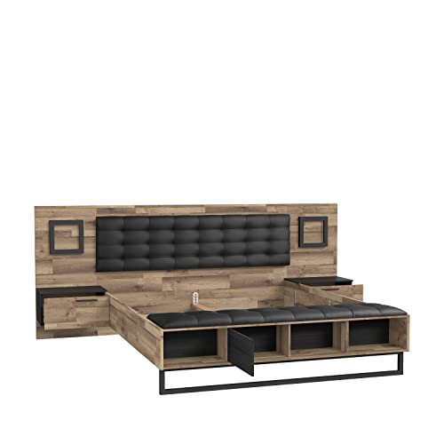 FORTE JAKOBINA Bett mit Nachtkommoden und 2 Schubladen und 1 Tür, Liegefläche 180 x 200 cm, Holzwerkstoff, Planked Eiche / Schwarzeiche, 296.8 x 119.7 x 234.5 cm von Forte