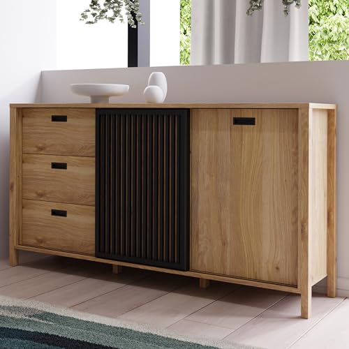 Forte JYTANA Sideboard 170 180, skandinavisches Sideboard mit 3 Schubladen und 2 Schranktüren, Holzwerkstoff, Mauvella Eich Holzdekor/Schwarz, 174,8 cm breit x 91,5 cm hoch x 40,2 cm tief Forte JYTANA Sideboard 170 180, skandinavisches Sideboard mit 3 Schubladen und 2 Schranktüren, Holzwerkstoff, Mauvella Eich Holzdekor/Schwarz, 174,8 cm breit x 91,5 cm hoch x 40,2 cm tief von Forte