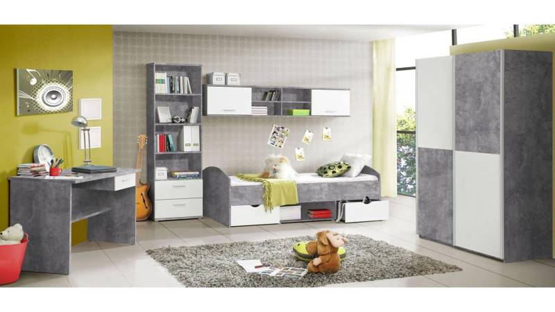 Forte Jugendzimmer-Set Jugendzimmer Lupo Schrank Bett Regal Schreibtisch Beton grau und weiß, (5-tlg) von Forte