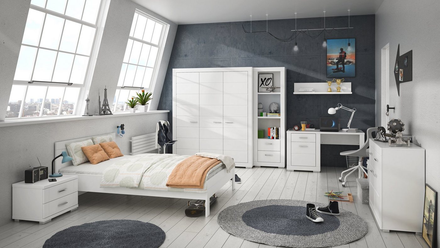 möbel-direkt.de Jugendzimmer-Set Snow, (Komplett Set, 7-tlg., Kleiderschrank, Jugendbett, Nachttisch, Schreibtisch), Schubkästen mit Selbsteinzug, MDF- Tiefziehfronten von möbel-direkt.de