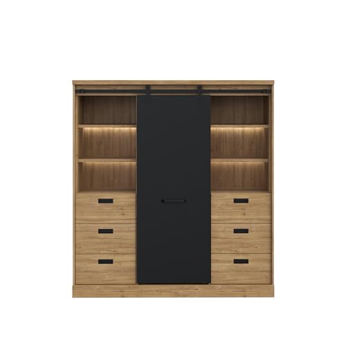 Forte KASZIMIRO Bücherregal mit 1 Tür und 6 Schubladen, Holzwerkstoff, Waterford Eiche/schwarz, B x H x T: 148,4 x 160,2 x 52 cm von Forte