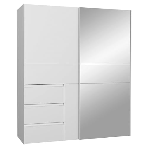 FORTE WINN 2 Schrank, weißer Kleiderschrank mit Spiegeltür, Schlafzimmerschrank, Schwebetürenschrank Weiß mit Schubladen & Spiegel, 170 cm breit x 200 cm hoch x 61,2 cm tief von Forte