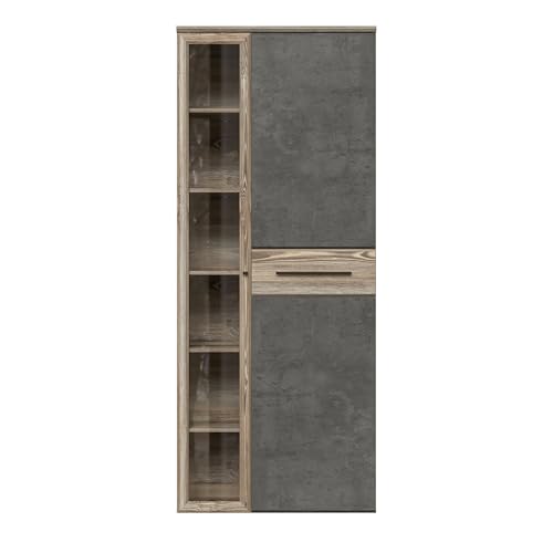 Forte MINDI Vitrine rechts mit 1 Tür und 1 Glastür, Holzwerkstoff, Picea Kiefer/ Betonoptik Dunkelgrau, , B x H x T: 79,9x196x34,1 von Forte