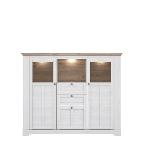 Forte ILOPPA Vitrine 165, Vitrine mit 3 Türen und 2 Schubladen, Vitrinenschrank im Landhausstil, Holzwerkstoff, Nelson Eiche/Schneeeiche Holzdekor, 165 cm breit x 136,1 cm hoch x 44,3 cm tief von Forte