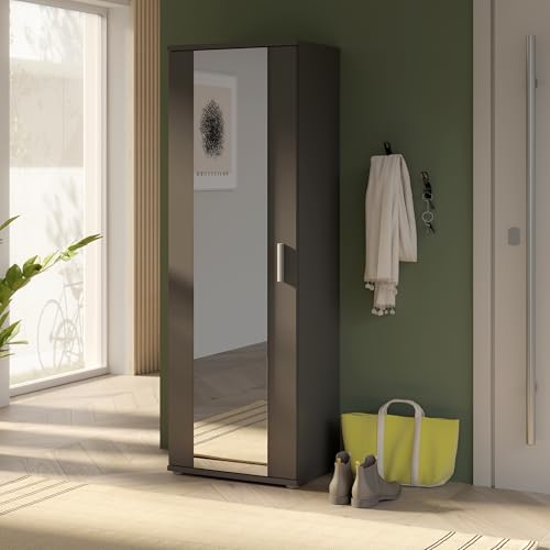 Forte NET106 Schuhschrank 50, schmaler Flurschrank mit 6 Einlegeböden und Spiegelfront, Flur, Diele, Holzwerkstoff, Uni Wolfram Grau, 50,2 cm breit x 179,1 cm hoch x 34,8 cm tief von Forte