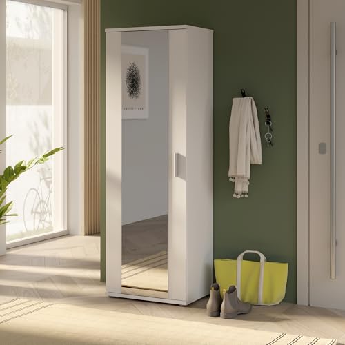 Forte NET106 weißer Schuhschrank 50, schmaler Flurschrank mit 6 Einlegeböden und Spiegelfront, Flur, Diele, Holzwerkstoff, Weiß, 50,2 cm breit x 179,1 cm hoch x 34,8 cm tief von Forte