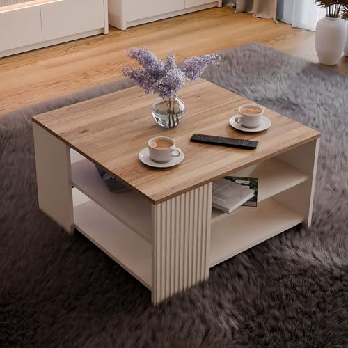 Forte Oak SQUERE Couchtisch 80, eleganter Sofatisch mit Ablageflächen, Holzwerkstoff, Mauvella Eiche Holzdekor/Sand, 80 cm breit x 45 cm hoch x 80 cm tief von Forte