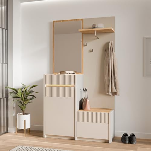 Forte Oak SQUERE Garderobe 100 110, Elegante Garderobe mit Spiegel, Kleiderstange und Aufbewahrung, Holzwerkstoff, Mauvella Eiche Holzdekor/Sand, 108,4 cm breit x 195,9 cm hoch x 41,7 cm tief von Forte