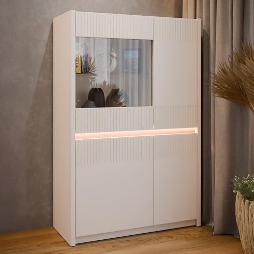 Forte Oak SQUERE Vitrine 90 100, Elegante Wohnzimmervitrine mit 4 Türen und Beleuchtung, Holzwerkstoff, Mauvella Eiche Holzdekor/Sand, 95,3 cm breit x 146,7 cm hoch x 41,5 cm tief von Forte