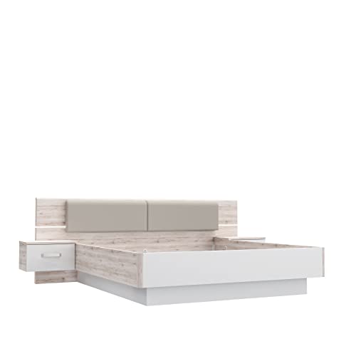 FORTE RONDINO Bett mit Nachttischen, Liegefläche 180 x 200 cm, Holzwerkstoff, Sandeiche / Weiß Hochglanz, 285 x 91.7 x 209 cm von Forte