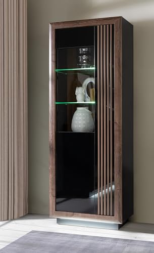 Forte Savona Vitrine L 70 80, Moderne Kommode mit 1 Tür, Sideboard, Holzwerkstoff, Schwarz/Edeleiche/Schwarz Hochglanz, 73,3 cm breit x 197 cm hoch x 42,3 cm tief von Forte