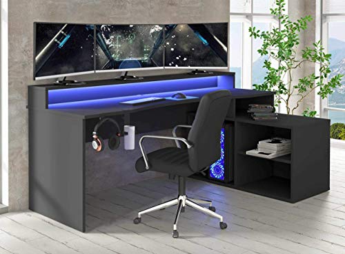 Forte TEZAUR Computertisch Gaming Desk mit LED-Beleuchtung und Regalteil, Holzwerkstoff, Schwarz, B x H x T: 200 x 91,1 x 125,4 cm von Forte