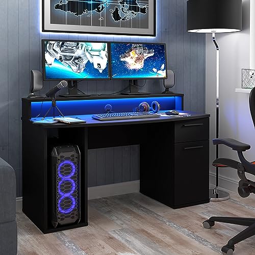 Forte Tezaur Gaming Schreibtisch mit 1 Tür und 1 Schublade inkl. RGB-Beleuchtung, Holzwerkstoff, Mattschwarz, B x H x T: 140 x 91 x 65 cm von Forte