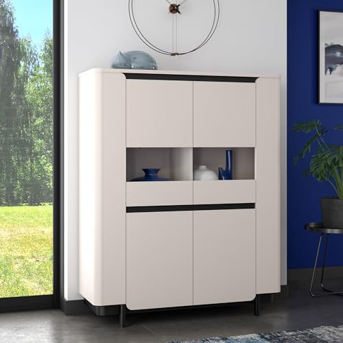 Forte VODOL Highboardvitrine 130, moderner Vitrinenschrank mit 2 Türen und abgerundetem Eckendesign, Holzwerkstoff, Kaschmir|Beige, 130,3 cm breit x 161,1 cm hoch x 44,8 cm tief von Forte