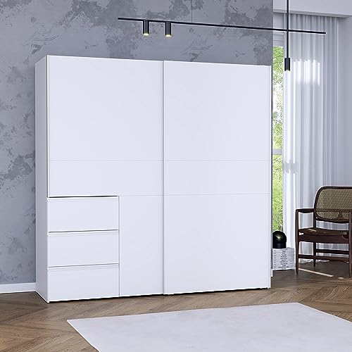 FORTE WINN 2 Schrank, weißer Kleiderschrank, Schlafzimmerschrank, Schwebetürenschrank Weiß mit Schubladen, 200 cm breit x 200 cm hoch x 61,2 cm tief von Forte